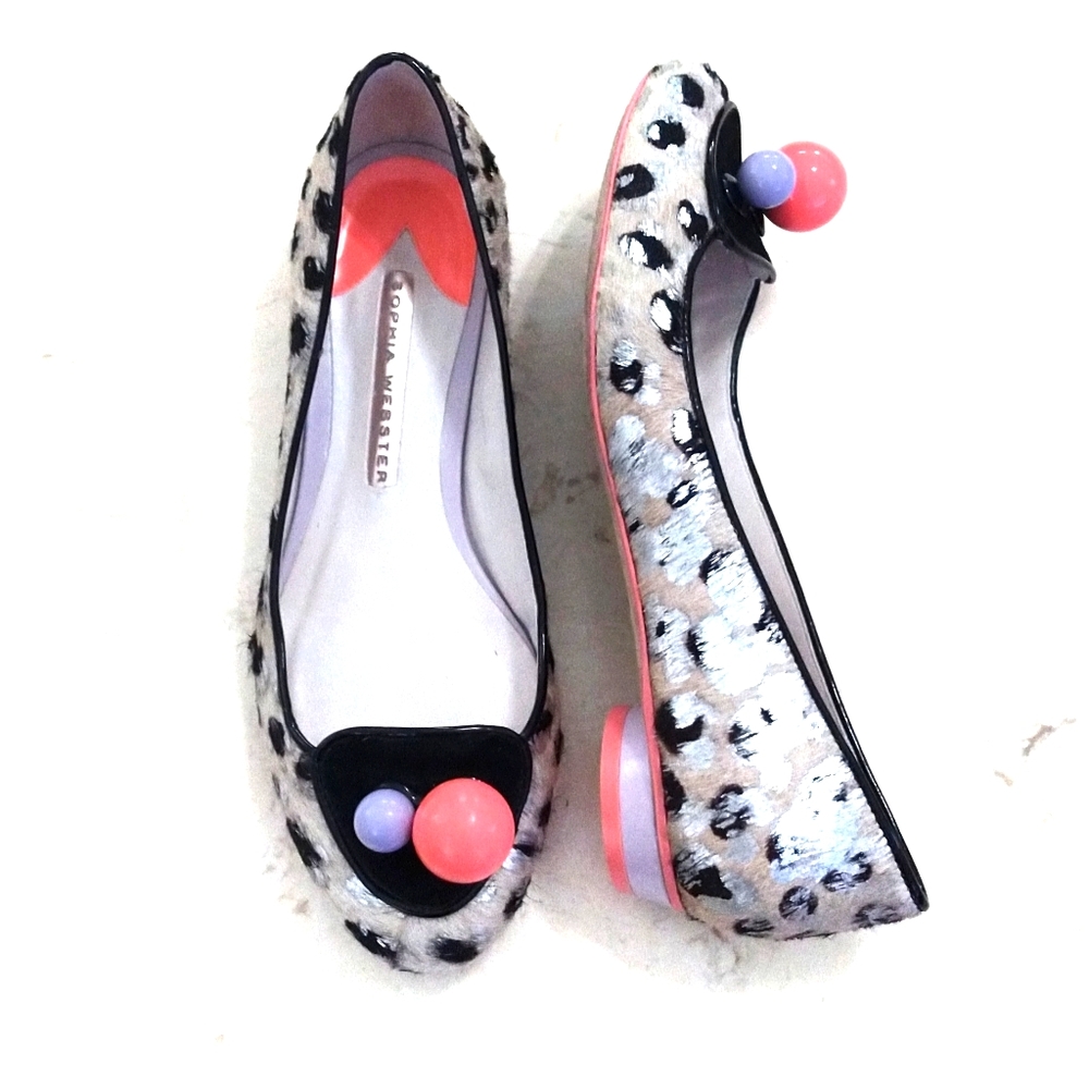 Sophia Webster Metallic Calf Hair Leopard Print Flats Pink Black Silver 4.5